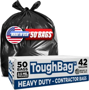 ToughBag 42 Gallon Trash Bags, 2.5 Mil Contractor Garbage Bags (50 COUNT) Heavy Duty Black Garbage Can Liners, 38 x 48" - Construction, Lawn, Industrial, Leaf - Made in USA