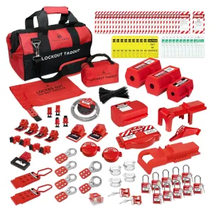TRADESAFE Lockout Tagout Kit - 95 Lock Out Tag Out Devices, Loto Locks, Safety Tags, Breaker Lockout, Cable Lock, Valve Lock Out, Emergency Stop Button Cover, Plug Lock, Hasps, Lock Out Bag, Tool Bags