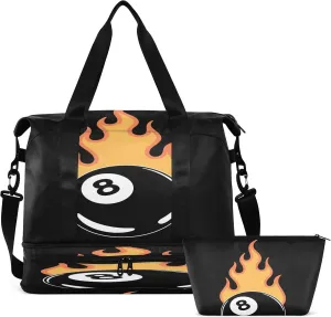 Travel Duffel Bag Flaming Billiard 8 Ball Weekender Overnight Bag for Women Men With Shoe Compartments Black Sports Tote Gym Bag with Wet Pocket for Travel Sport Yoga 17 Inch