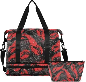 Travel Duffel Bag for Women Men Seafood Lobster Weekender Overnight Bags with Shoe Compartments Hand Drawn Gym Duffel Bag with Toiletry Bag for Travel Sport Yoga 17 Inch