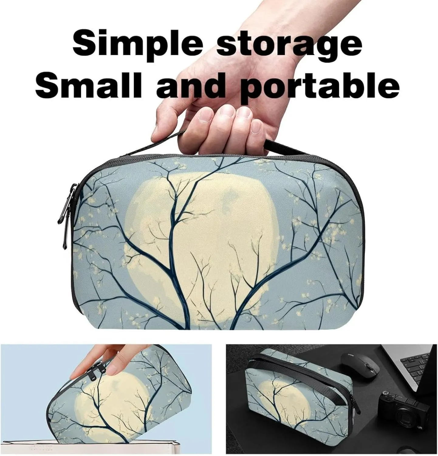 Travel Electronic Organizer, Art Spring Pattern with Twigs and Moon Portable Tech Bag, Electronic Accessories Pouch, Waterproof Cable Case for Charger Power Bank USB SD Card Earphone
