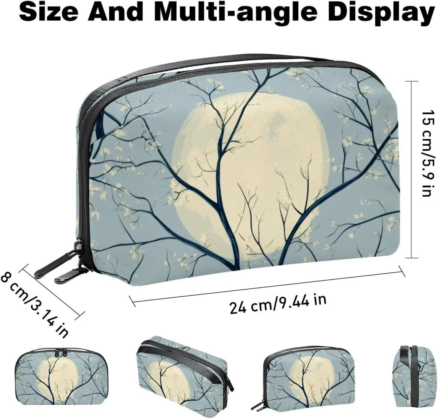 Travel Electronic Organizer, Art Spring Pattern with Twigs and Moon Portable Tech Bag, Electronic Accessories Pouch, Waterproof Cable Case for Charger Power Bank USB SD Card Earphone