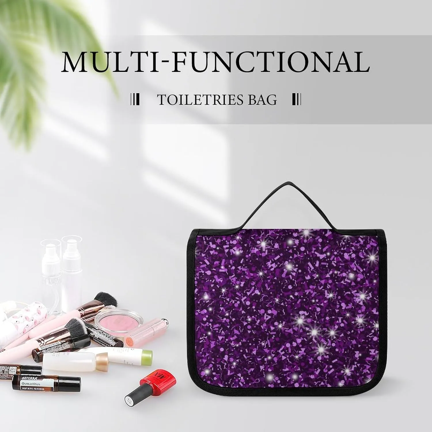 Travel Hanging Toiletry Bag, Makeup Bag, Organizer Extra Large Toiletries Bag, Multifunction Cosmetic Bag For Women Men Compatible with Beautiful Dark Purple Bling Glitter Sparkles Pattern