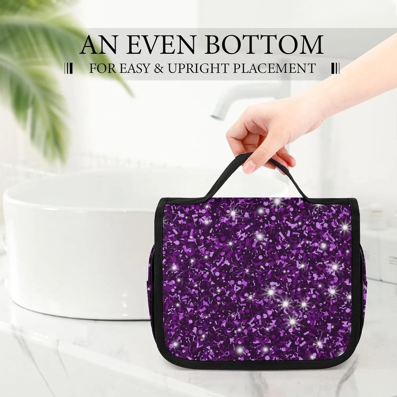 Travel Hanging Toiletry Bag, Makeup Bag, Organizer Extra Large Toiletries Bag, Multifunction Cosmetic Bag For Women Men Compatible with Beautiful Dark Purple Bling Glitter Sparkles Pattern