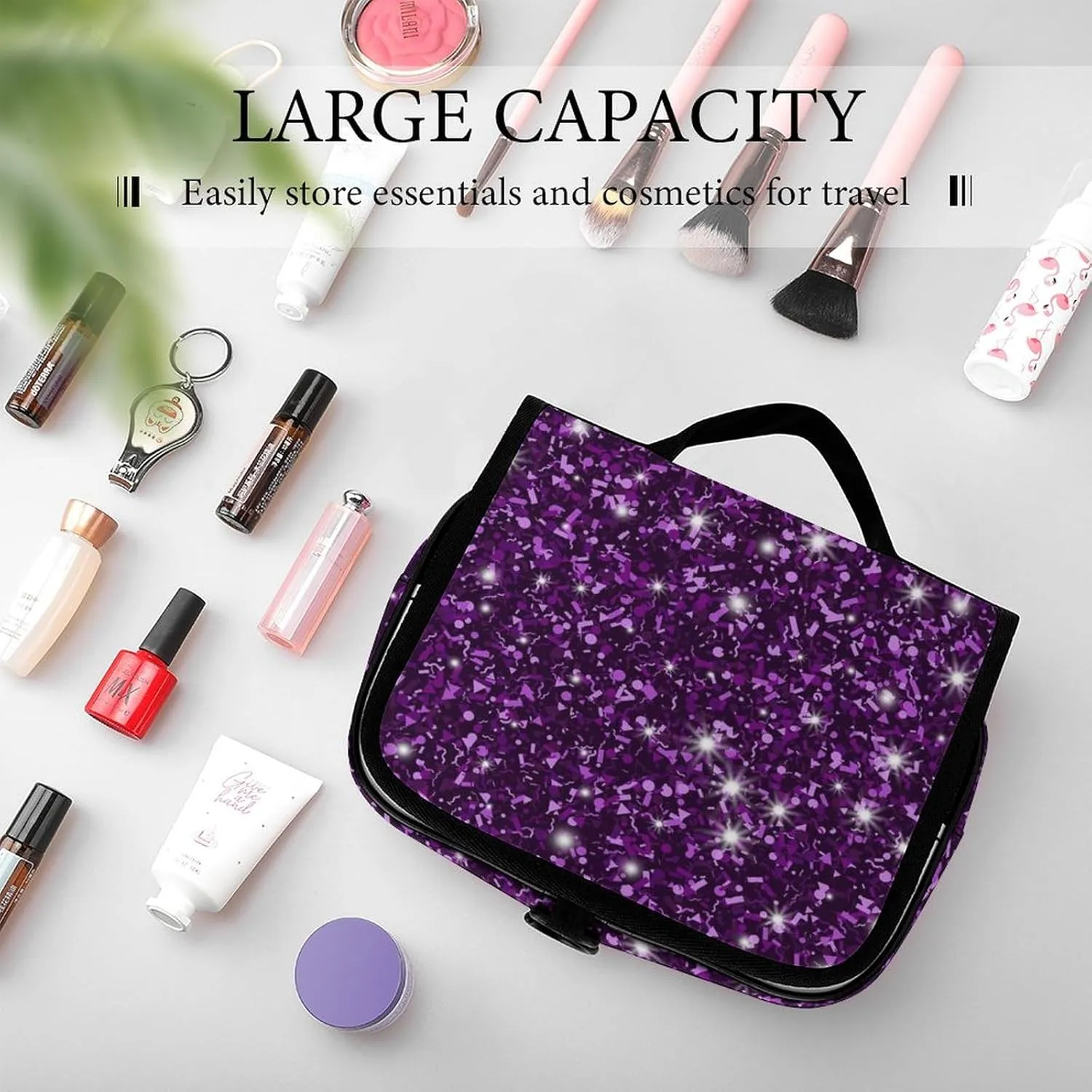 Travel Hanging Toiletry Bag, Makeup Bag, Organizer Extra Large Toiletries Bag, Multifunction Cosmetic Bag For Women Men Compatible with Beautiful Dark Purple Bling Glitter Sparkles Pattern