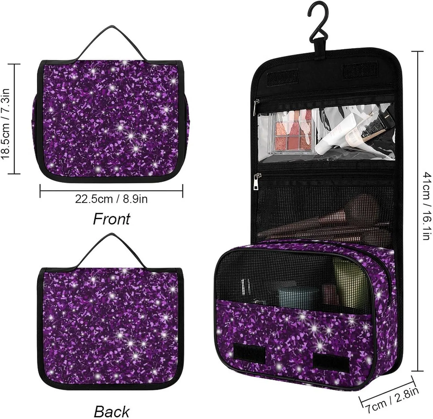 Travel Hanging Toiletry Bag, Makeup Bag, Organizer Extra Large Toiletries Bag, Multifunction Cosmetic Bag For Women Men Compatible with Beautiful Dark Purple Bling Glitter Sparkles Pattern