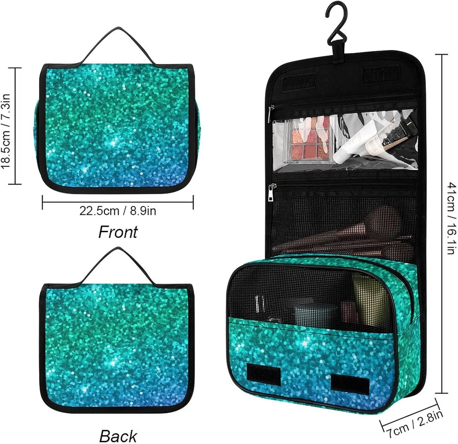 Travel Hanging Toiletry Bag, Makeup Bag, Organizer Extra Large Toiletries Bag, Multifunction Cosmetic Bag For Women Men Compatible with Beautiful Turquoise Bling Glitter Sparkles Pattern