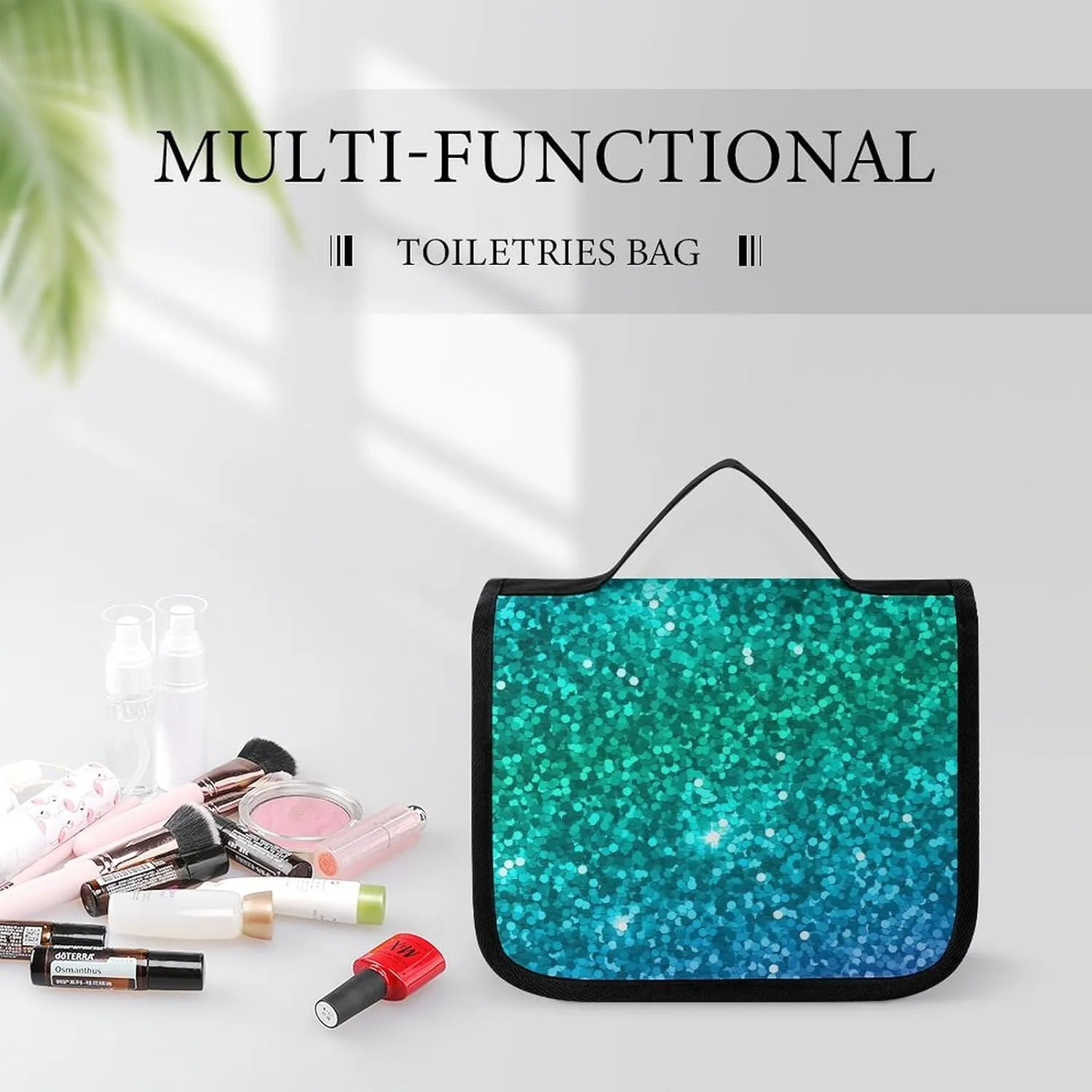 Travel Hanging Toiletry Bag, Makeup Bag, Organizer Extra Large Toiletries Bag, Multifunction Cosmetic Bag For Women Men Compatible with Beautiful Turquoise Bling Glitter Sparkles Pattern