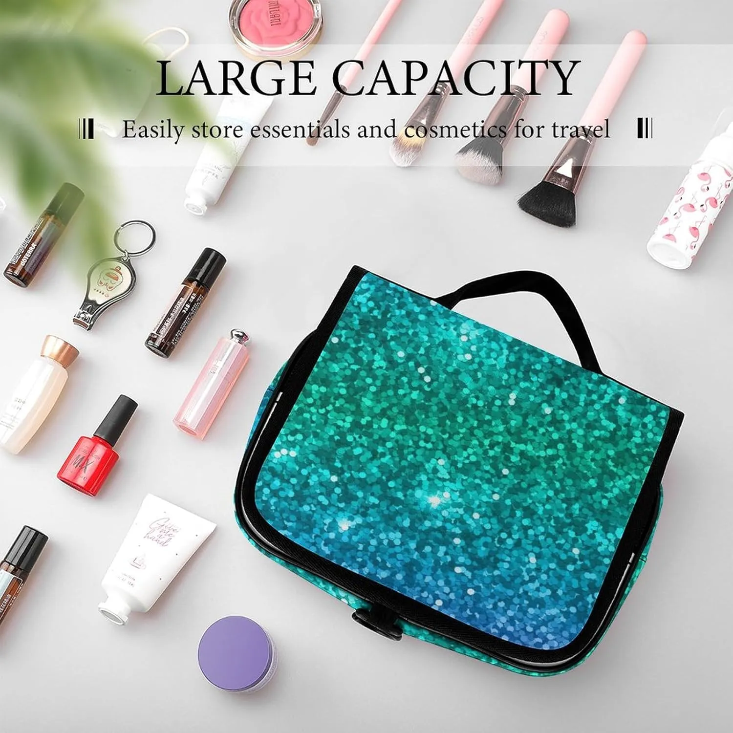 Travel Hanging Toiletry Bag, Makeup Bag, Organizer Extra Large Toiletries Bag, Multifunction Cosmetic Bag For Women Men Compatible with Beautiful Turquoise Bling Glitter Sparkles Pattern