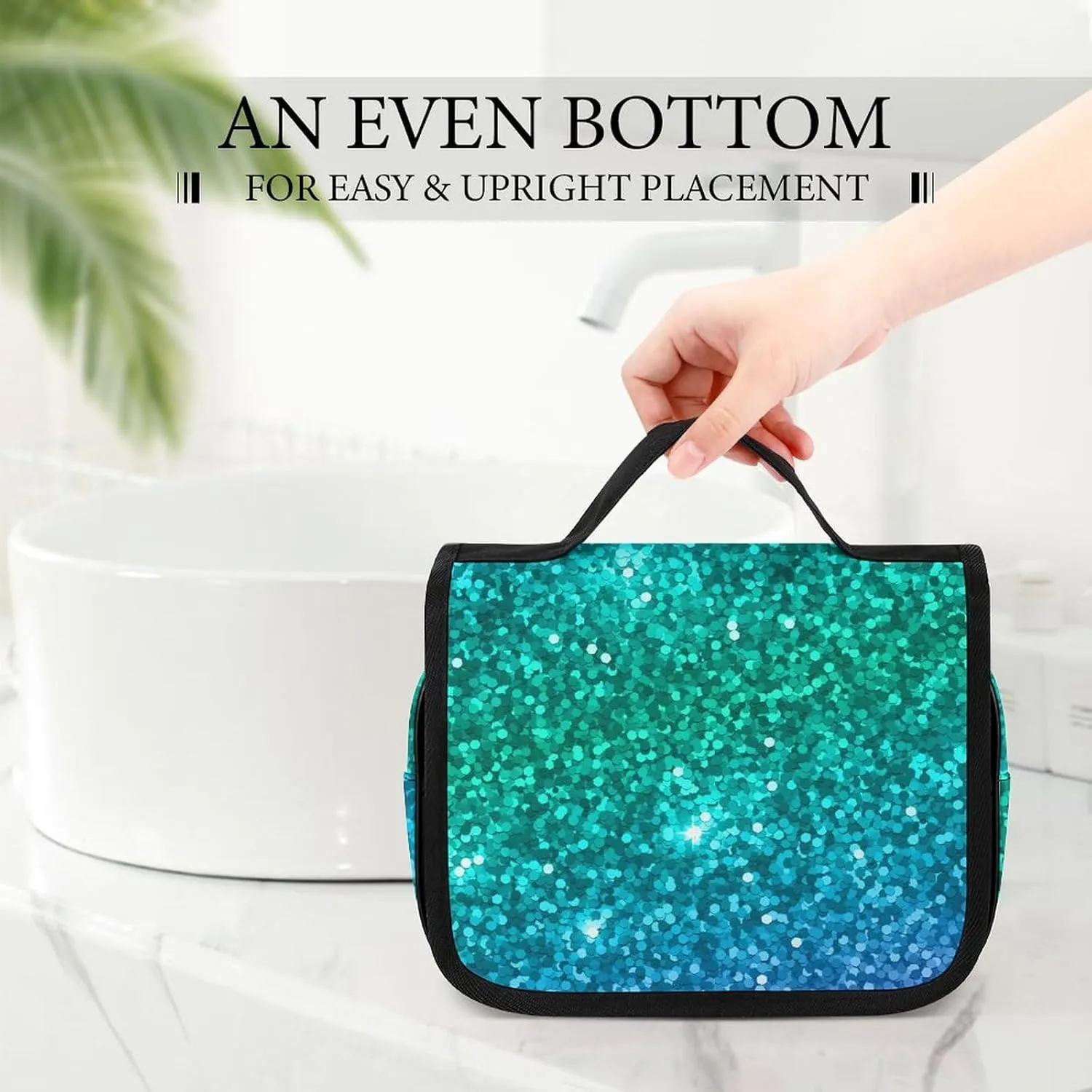 Travel Hanging Toiletry Bag, Makeup Bag, Organizer Extra Large Toiletries Bag, Multifunction Cosmetic Bag For Women Men Compatible with Beautiful Turquoise Bling Glitter Sparkles Pattern