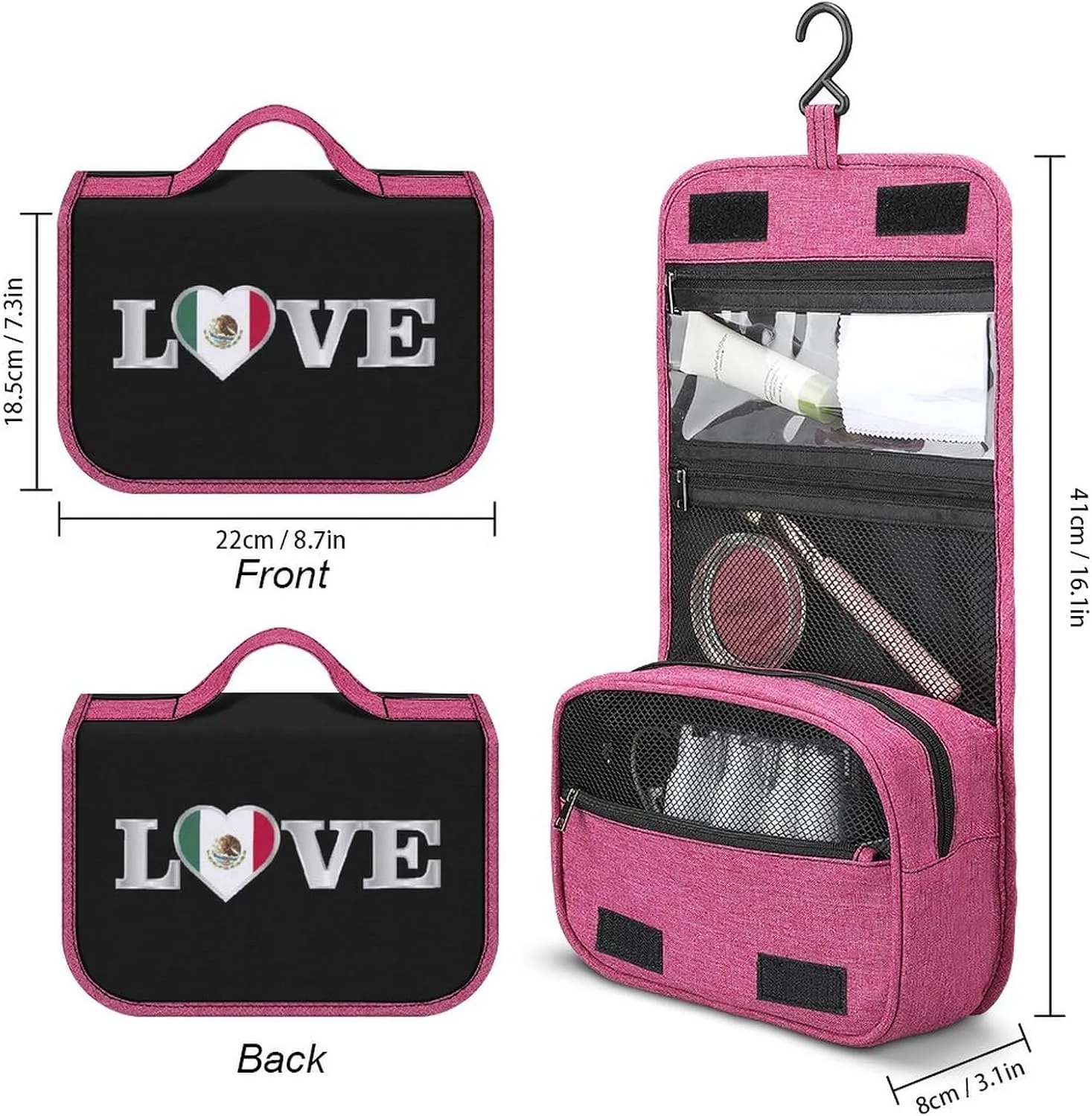 Travel Makeup Bag for Women, Portable Cosmetics Organizer Case with Hanging Hook Love Mexican Mexico Flag Art Toiletries Accessories
