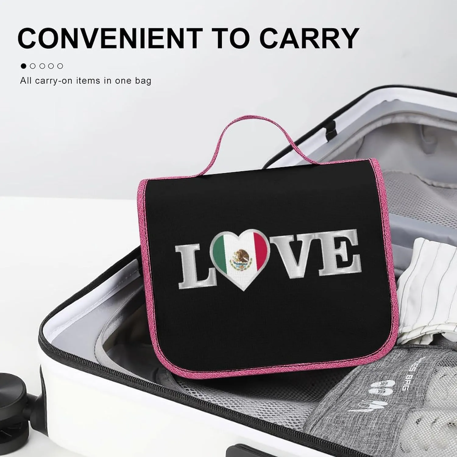 Travel Makeup Bag for Women, Portable Cosmetics Organizer Case with Hanging Hook Love Mexican Mexico Flag Art Toiletries Accessories