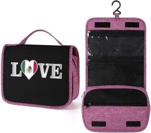 Travel Makeup Bag for Women, Portable Cosmetics Organizer Case with Hanging Hook Love Mexican Mexico Flag Art Toiletries Accessories