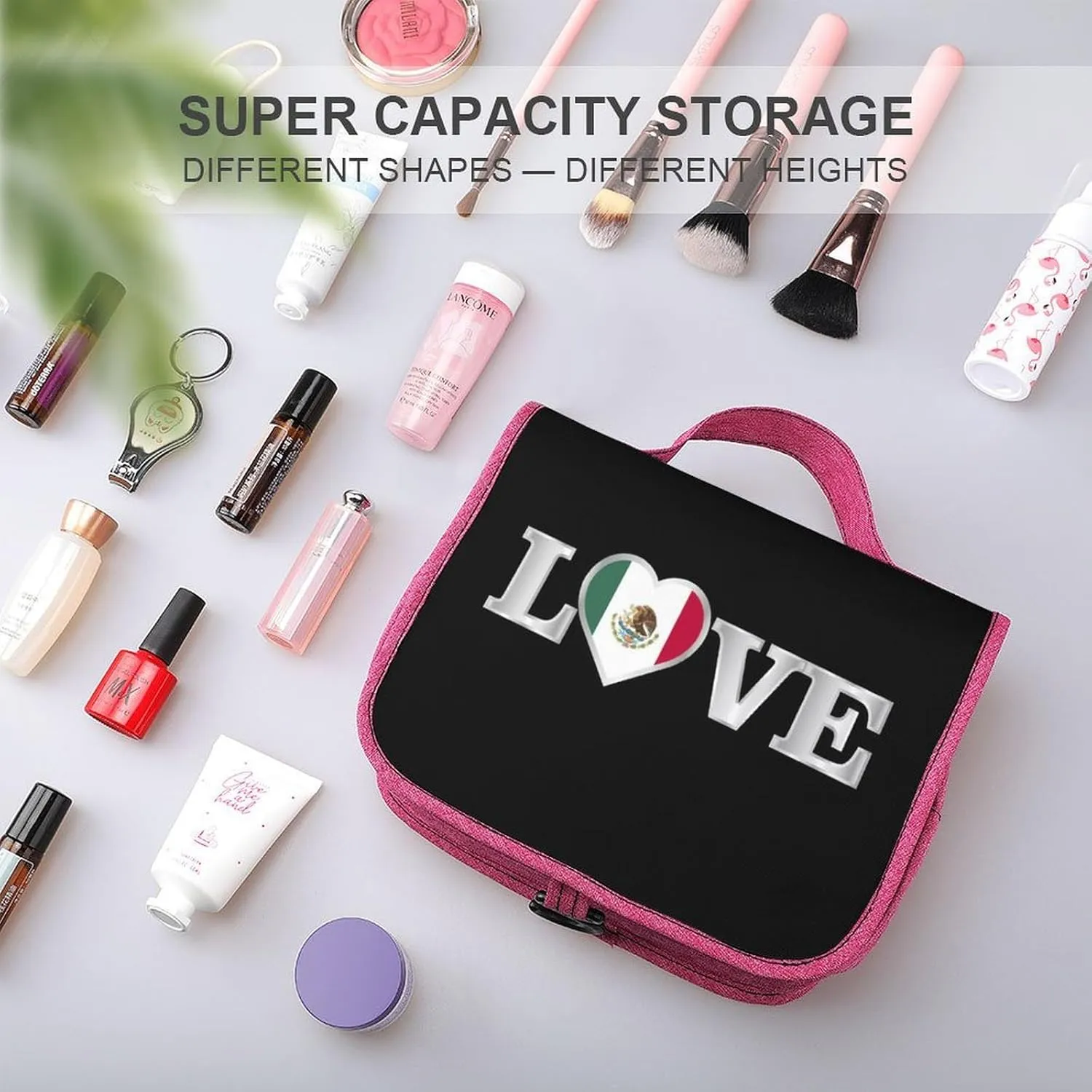 Travel Makeup Bag for Women, Portable Cosmetics Organizer Case with Hanging Hook Love Mexican Mexico Flag Art Toiletries Accessories