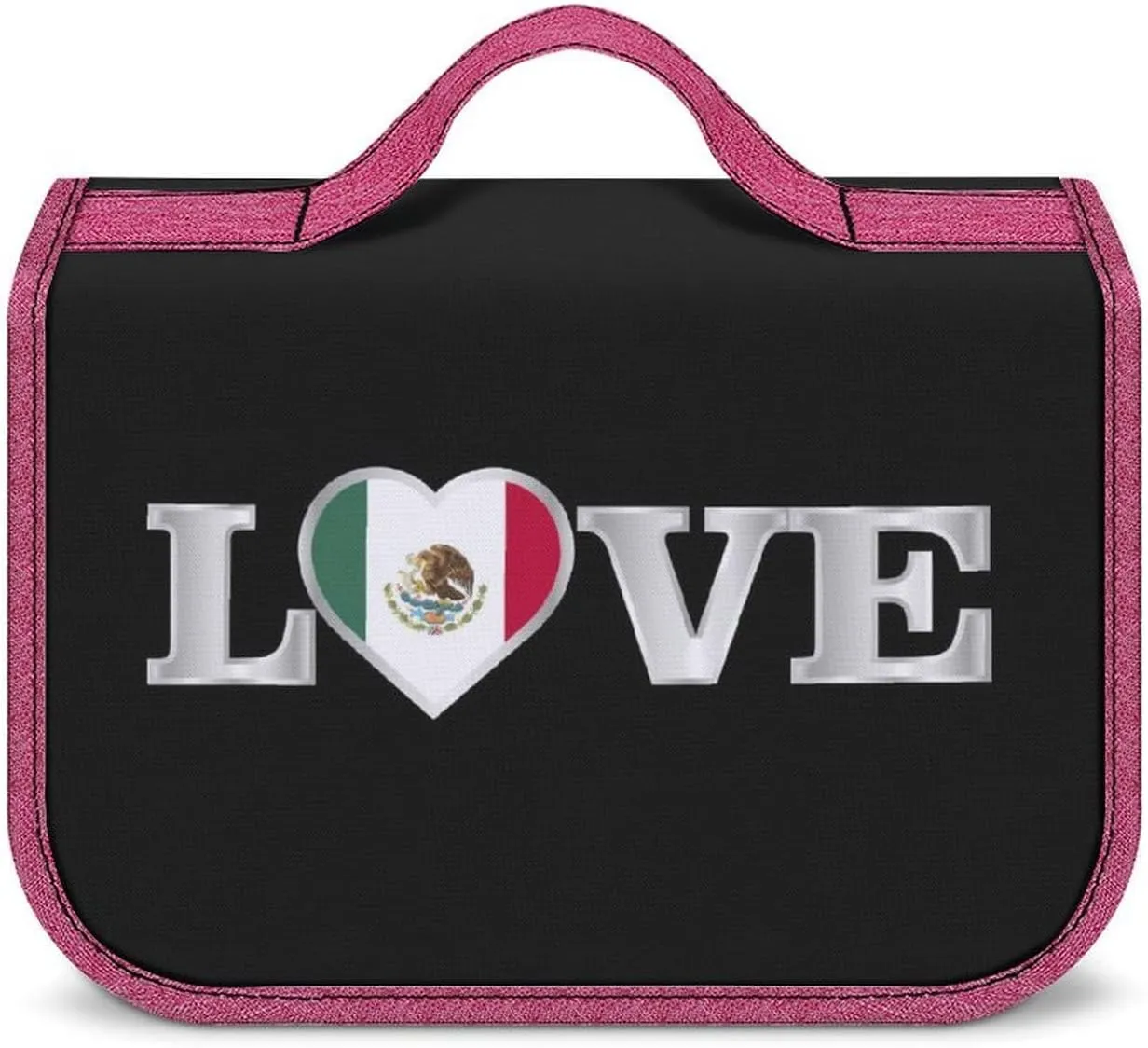 Travel Makeup Bag for Women, Portable Cosmetics Organizer Case with Hanging Hook Love Mexican Mexico Flag Art Toiletries Accessories