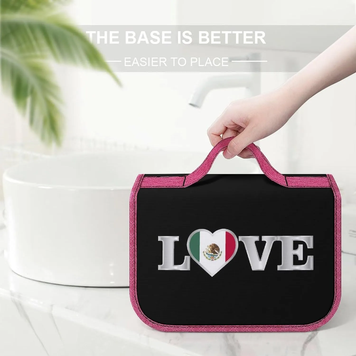 Travel Makeup Bag for Women, Portable Cosmetics Organizer Case with Hanging Hook Love Mexican Mexico Flag Art Toiletries Accessories