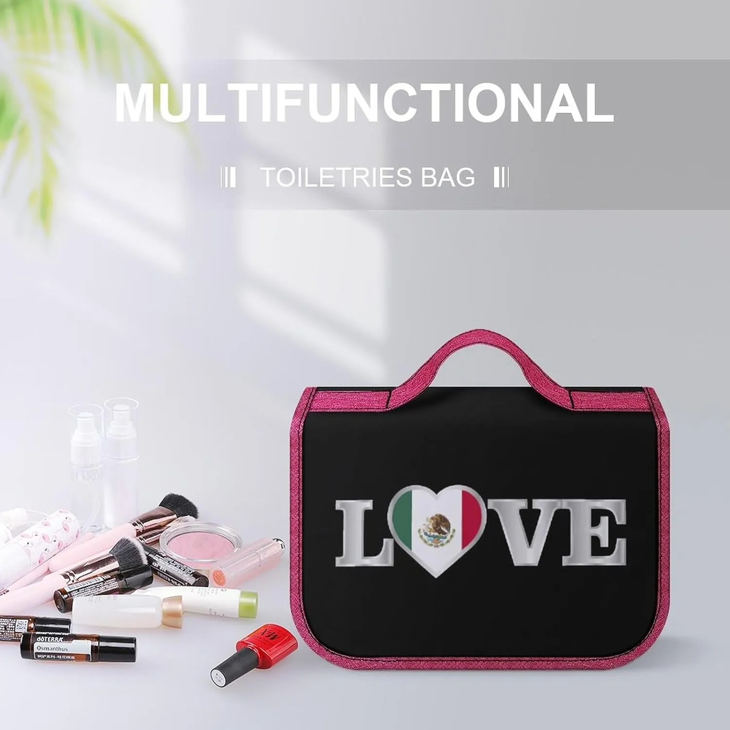 Travel Makeup Bag for Women, Portable Cosmetics Organizer Case with Hanging Hook Love Mexican Mexico Flag Art Toiletries Accessories
