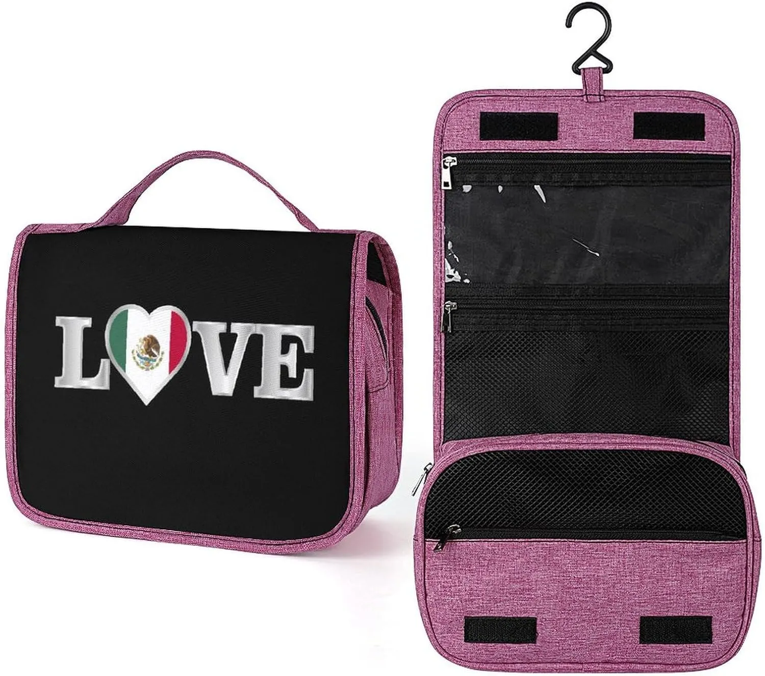 Travel Makeup Bag for Women, Portable Cosmetics Organizer Case with Hanging Hook Love Mexican Mexico Flag Art Toiletries Accessories