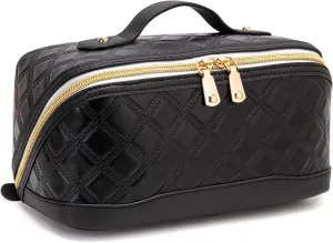 Travel Makeup Bag Large Capacity Cosmetic Bag for Women PU Leather Checkered Open Flat Toiletry Bag Make Up Organizer Bags with Handle and Divider (Black)