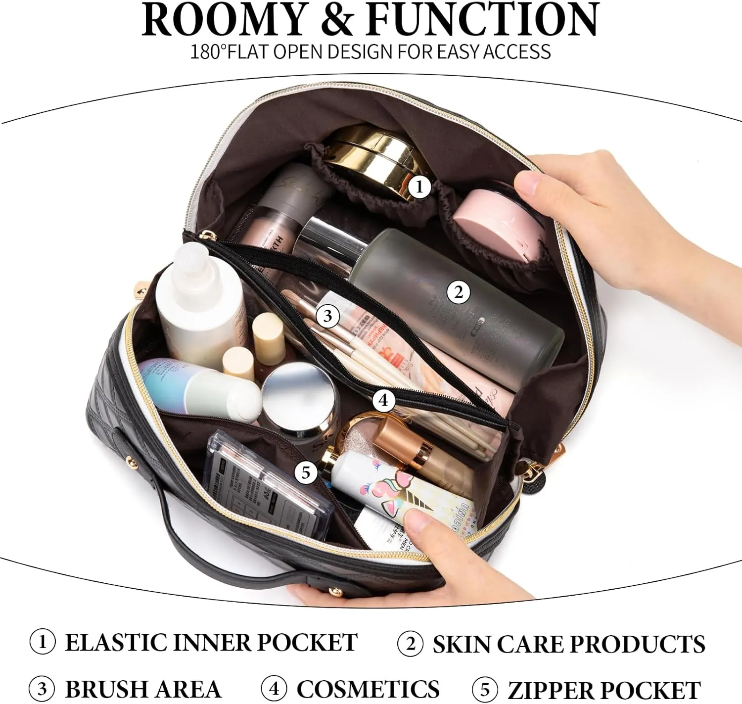 Travel Makeup Bag Large Capacity Cosmetic Bag for Women PU Leather Checkered Open Flat Toiletry Bag Make Up Organizer Bags with Handle and Divider (Black)