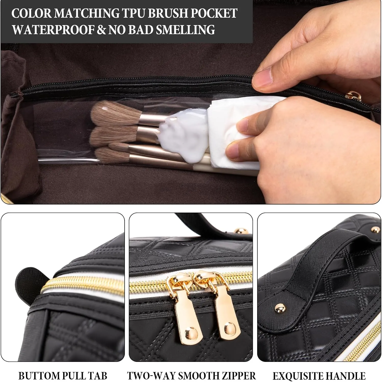 Travel Makeup Bag Large Capacity Cosmetic Bag for Women PU Leather Checkered Open Flat Toiletry Bag Make Up Organizer Bags with Handle and Divider (Black)