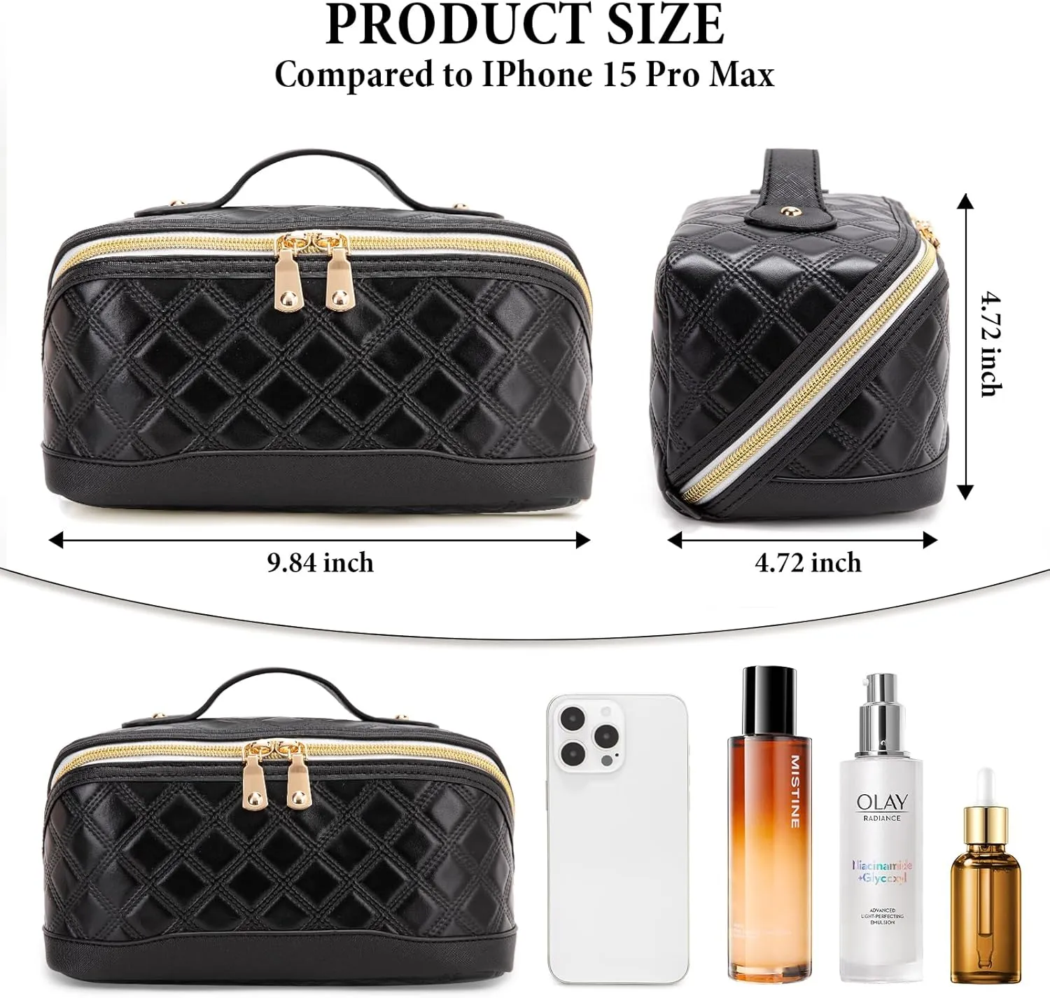 Travel Makeup Bag Large Capacity Cosmetic Bag for Women PU Leather Checkered Open Flat Toiletry Bag Make Up Organizer Bags with Handle and Divider (Black)