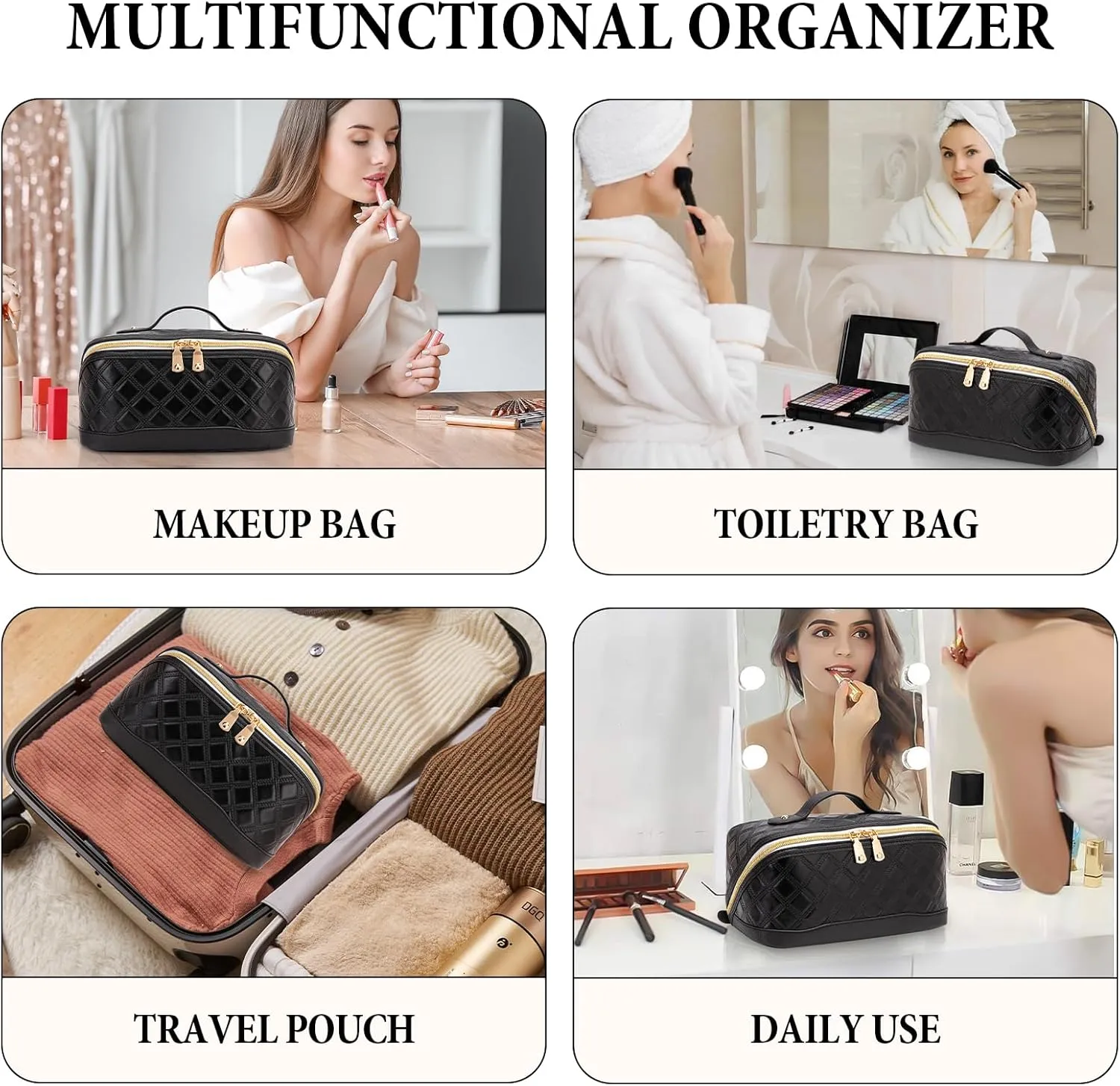 Travel Makeup Bag Large Capacity Cosmetic Bag for Women PU Leather Checkered Open Flat Toiletry Bag Make Up Organizer Bags with Handle and Divider (Black)