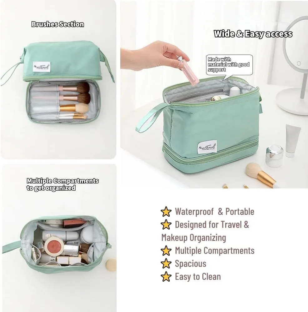 Travel Makeup Bag, Waterproof Toiletry Bag Large Capacity Cosmetic Bag with Handles Dividers, Makeup Organizer Pouch (Pink)