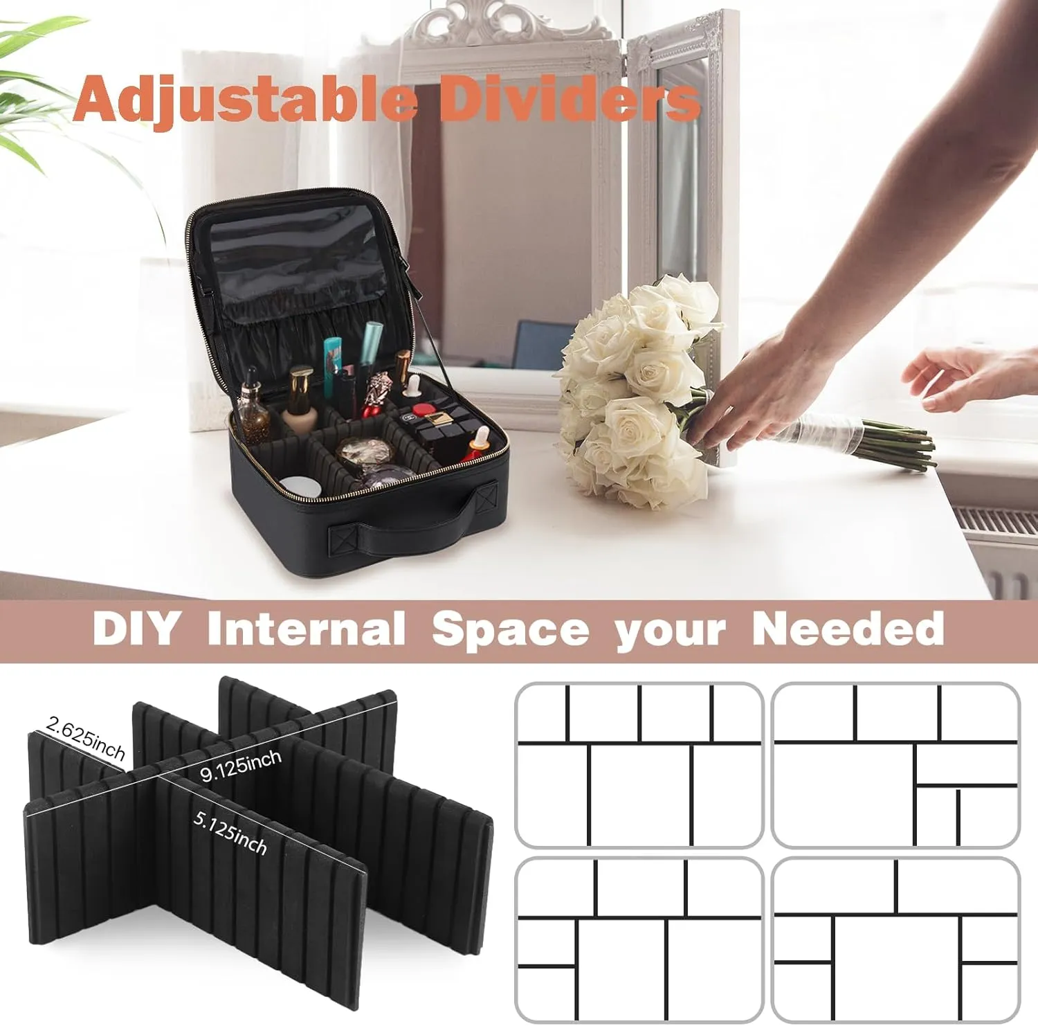 Travel Makeup Train Case Makeup Cosmetic Case Organizer Portable Artist Storage Bag with Adjustable Dividers for Cosmetics Makeup Brushes Toiletry Jewelry Digital Accessories Black