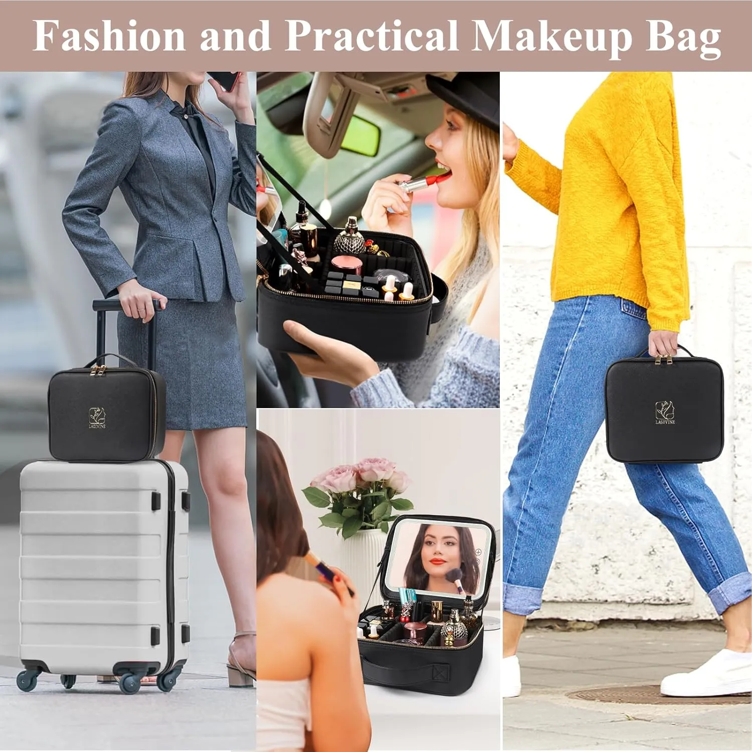 Travel Makeup Train Case Makeup Cosmetic Case Organizer Portable Artist Storage Bag with Adjustable Dividers for Cosmetics Makeup Brushes Toiletry Jewelry Digital Accessories Black