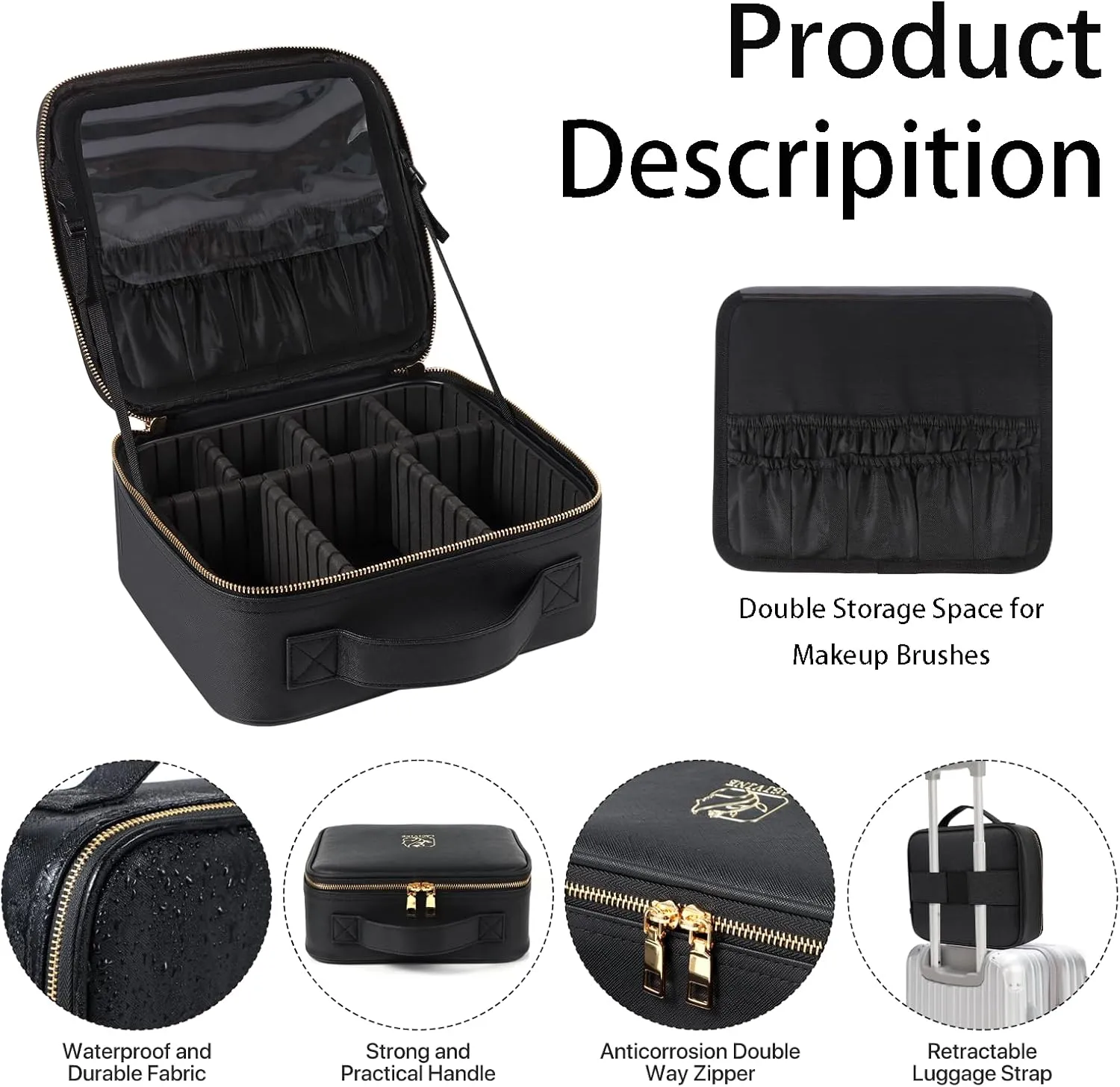 Travel Makeup Train Case Makeup Cosmetic Case Organizer Portable Artist Storage Bag with Adjustable Dividers for Cosmetics Makeup Brushes Toiletry Jewelry Digital Accessories Black