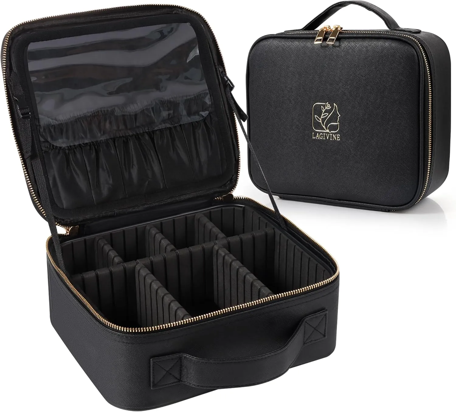 Travel Makeup Train Case Makeup Cosmetic Case Organizer Portable Artist Storage Bag with Adjustable Dividers for Cosmetics Makeup Brushes Toiletry Jewelry Digital Accessories Black