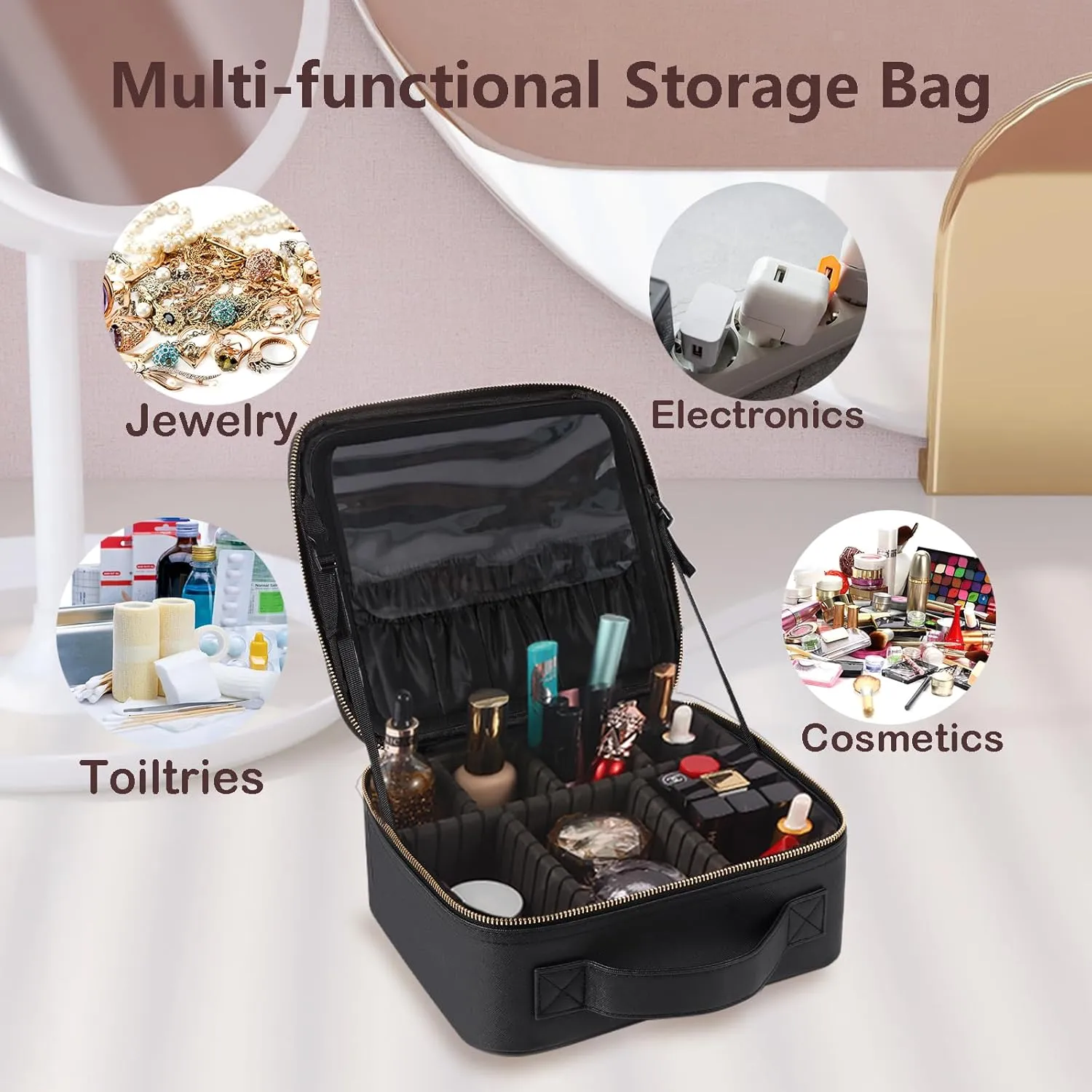 Travel Makeup Train Case Makeup Cosmetic Case Organizer Portable Artist Storage Bag with Adjustable Dividers for Cosmetics Makeup Brushes Toiletry Jewelry Digital Accessories Black