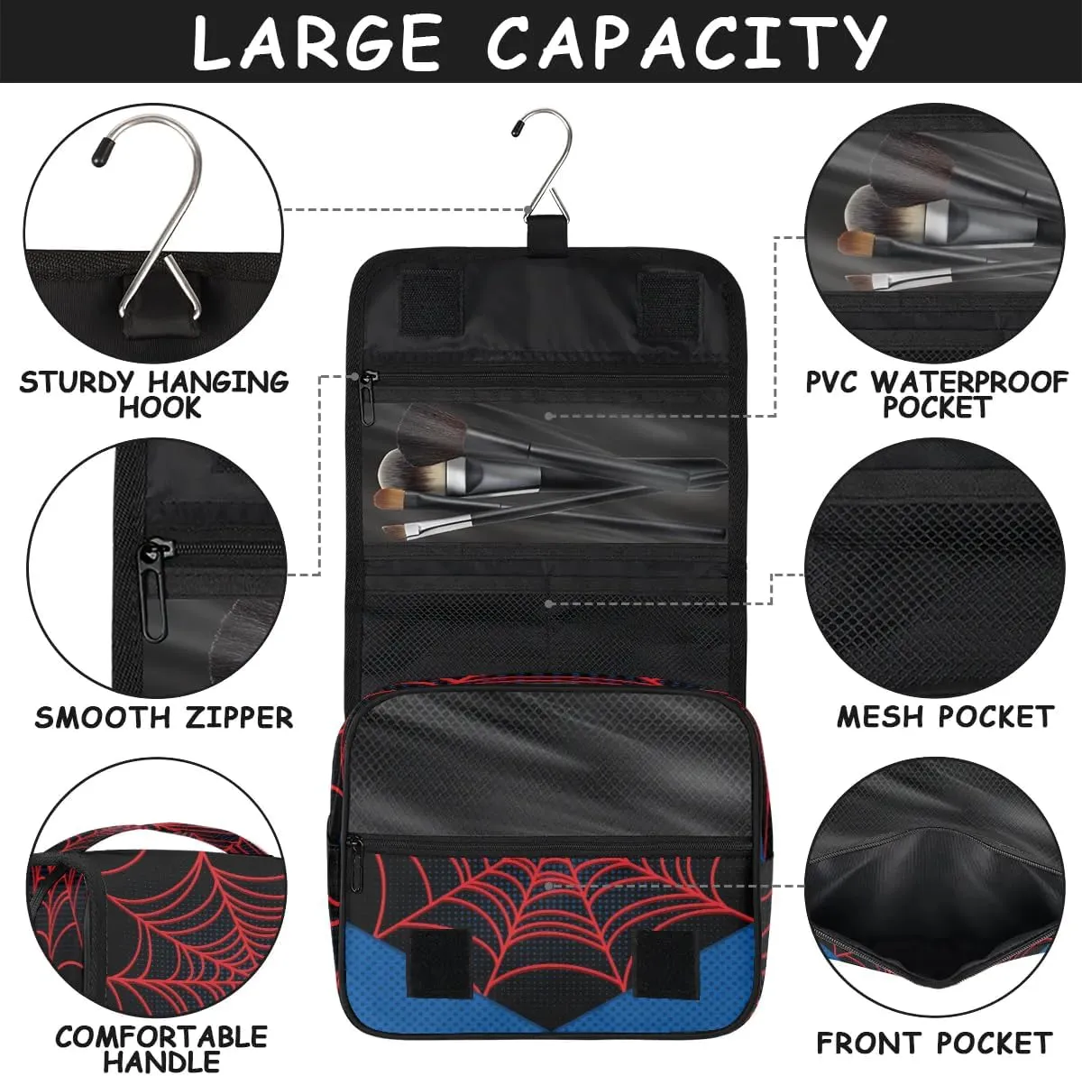 Travel Toiletry Bag for Boys Men, Black Spider Web Large Hanging Shaving Dopp Kit Waterproof Bathroom Toiletries Organizer Cosmetic Bags