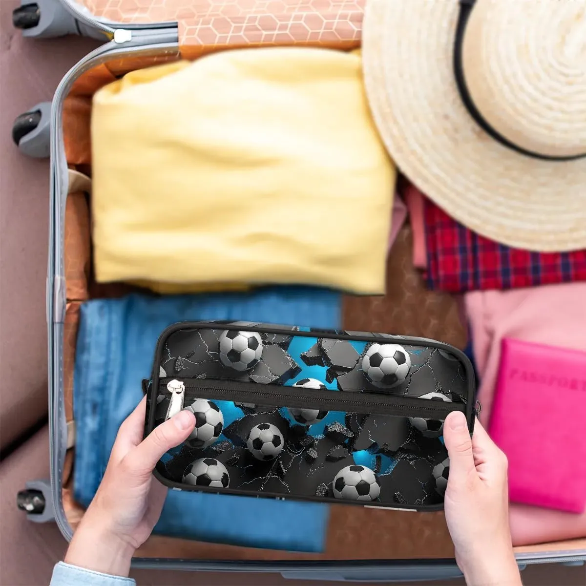 Travel Toiletry Bag for Kids, 3D Soccer Ball Waterproof Hanging Wash Bag Gym Shower Kit for Boys Girls Makeup Bag for Toiletries Accessories