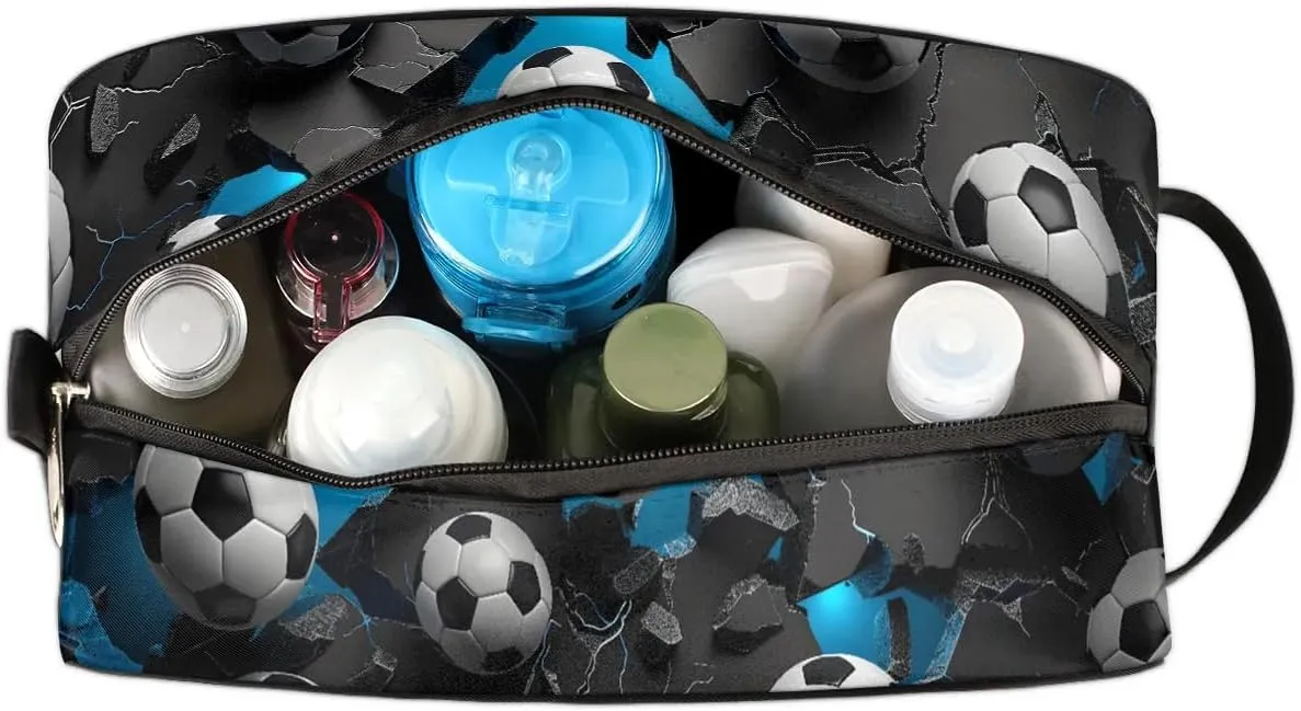 Travel Toiletry Bag for Kids, 3D Soccer Ball Waterproof Hanging Wash Bag Gym Shower Kit for Boys Girls Makeup Bag for Toiletries Accessories