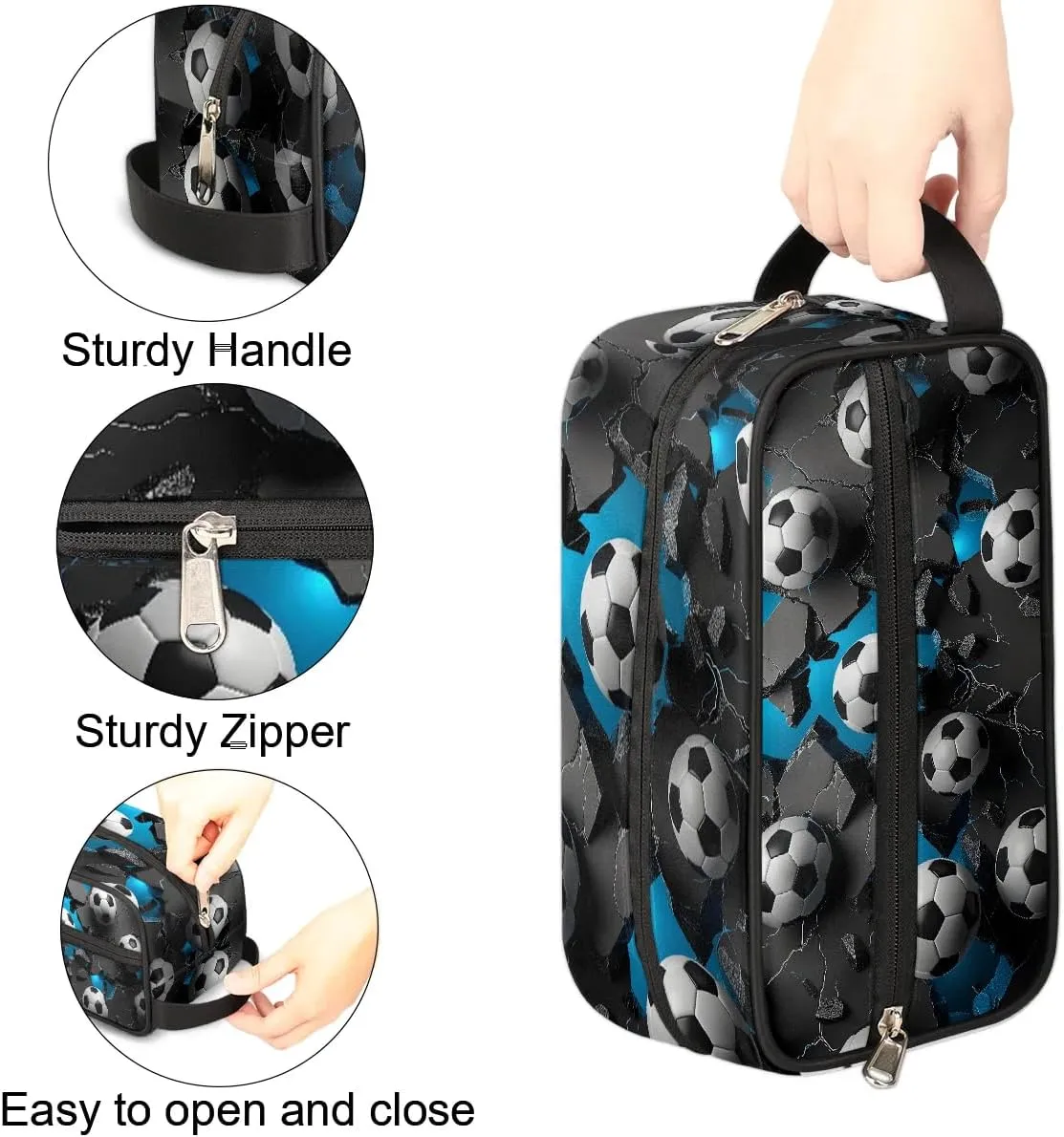 Travel Toiletry Bag for Kids, 3D Soccer Ball Waterproof Hanging Wash Bag Gym Shower Kit for Boys Girls Makeup Bag for Toiletries Accessories