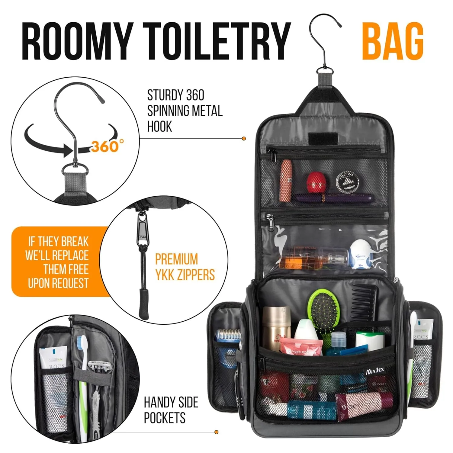 Travel Toiletry Bag for Men and Women - Large Hanging Toiletry Organizer - Waterproof Hygiene Bag with Metal XXL Swivel Hook, with YKK Zippers and 19 Compartments for Toiletries, Makeup, Cosmetics