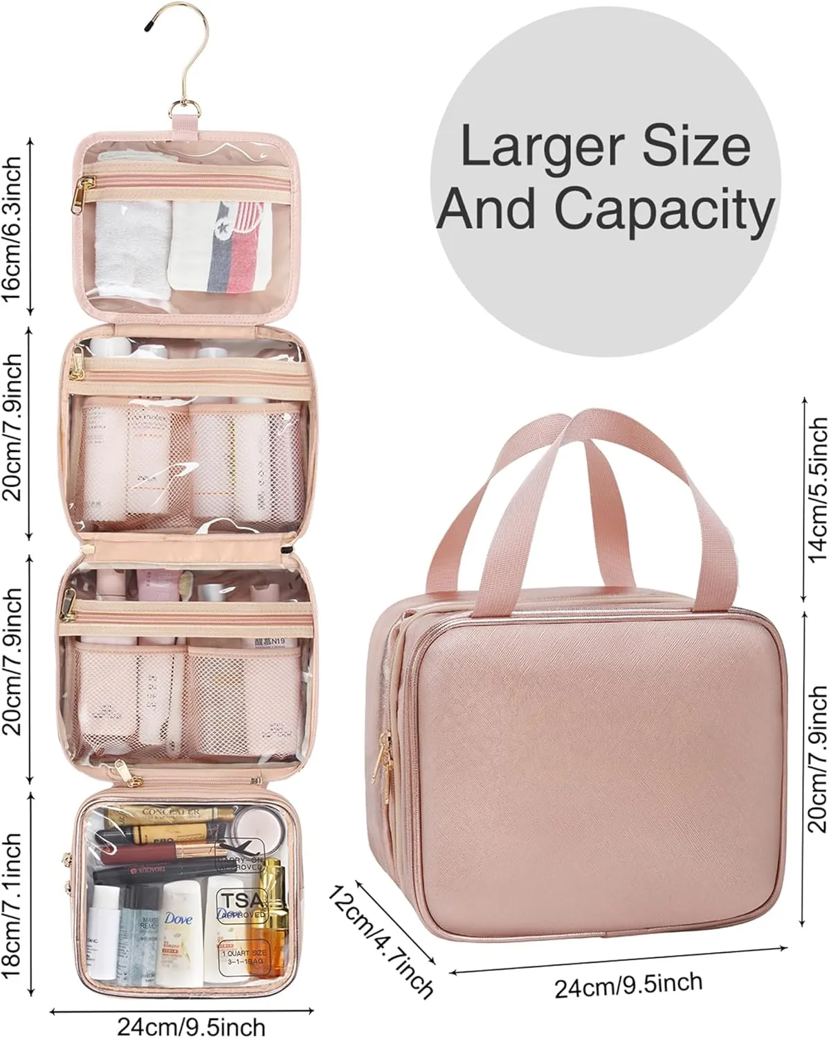 Travel Toiletry Bag for Women, Hanging Toiletry Bag for Toiletries Large Wash Bag for Full Sized Container, Makeup Cosmetic Bag Travel Organizer Waterproof Foldable Makeup Bag for Bathroom