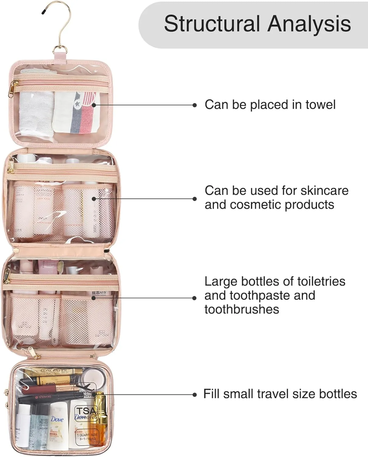 Travel Toiletry Bag for Women, Hanging Toiletry Bag for Toiletries Large Wash Bag for Full Sized Container, Makeup Cosmetic Bag Travel Organizer Waterproof Foldable Makeup Bag for Bathroom