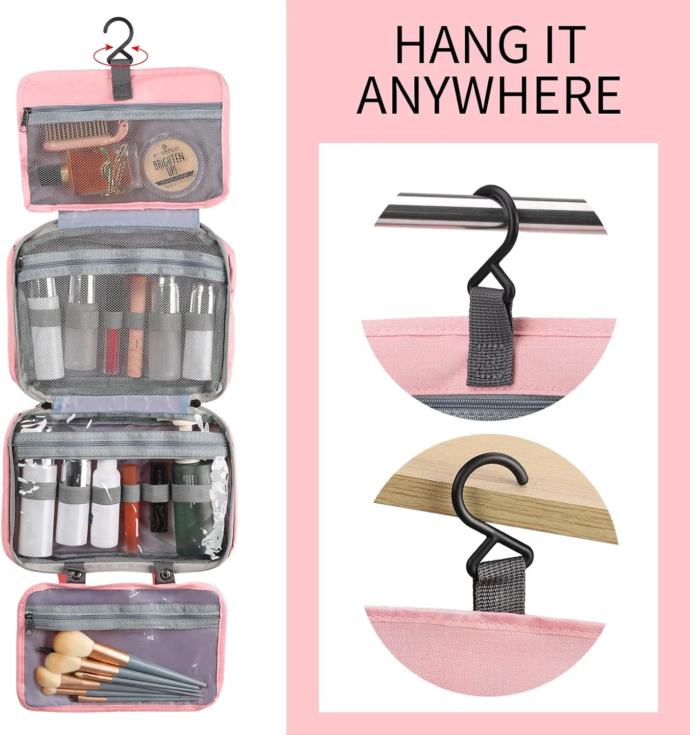 Travel Toiletry Bag for Women, Hanging Waterproof Makeup Organizer, Portable Cosmetic Bag for Toiletries, Makeup, and Travel Accessories, Medium Size, Pink