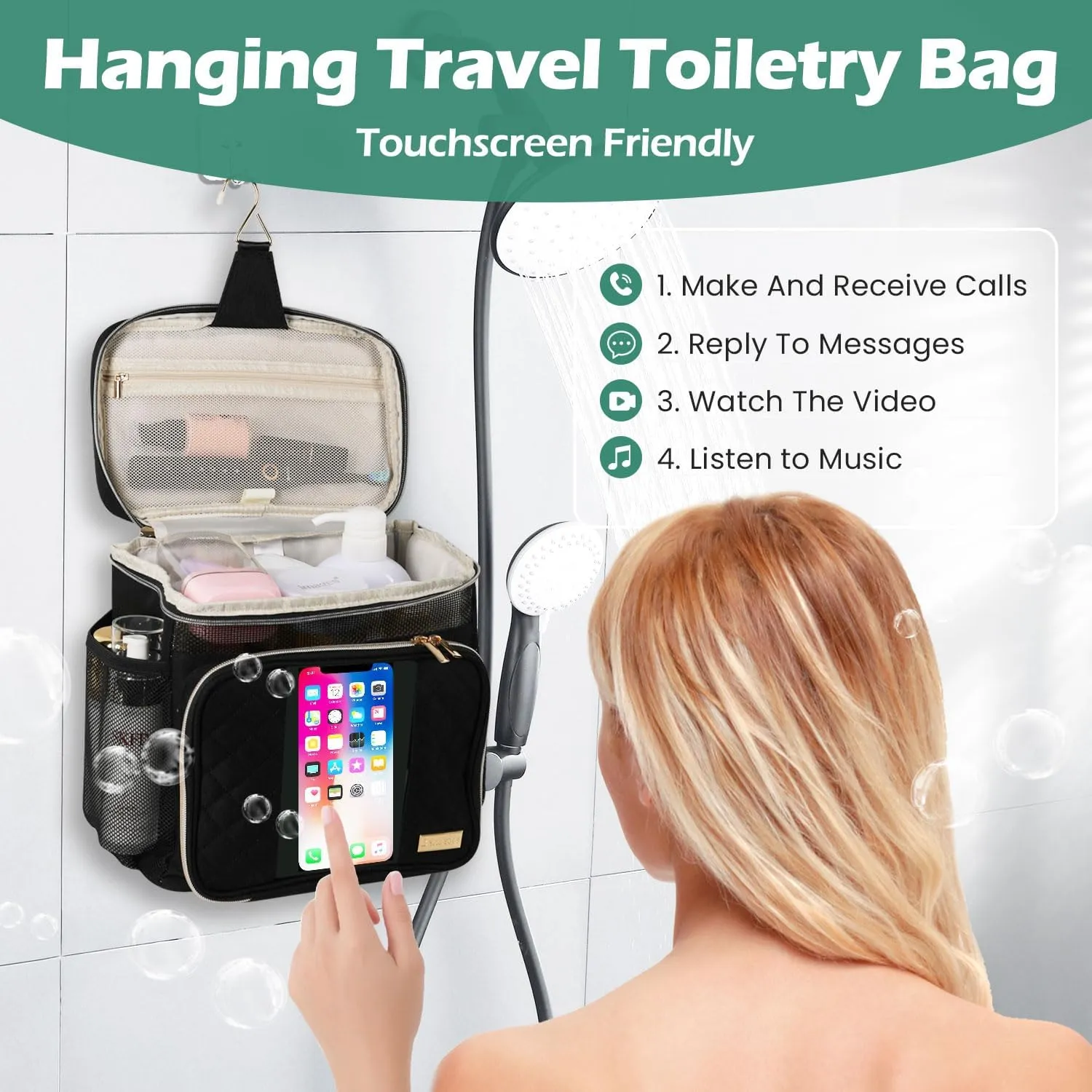 Travel Toiletry Bag for Women, Water Resistant Portable Hanging Toiletry Bags for Traveling, College Dorm, Bathroom, Gym, Shower Caddy, Organizer for Full Sized Bottles, Toiletries (Black)