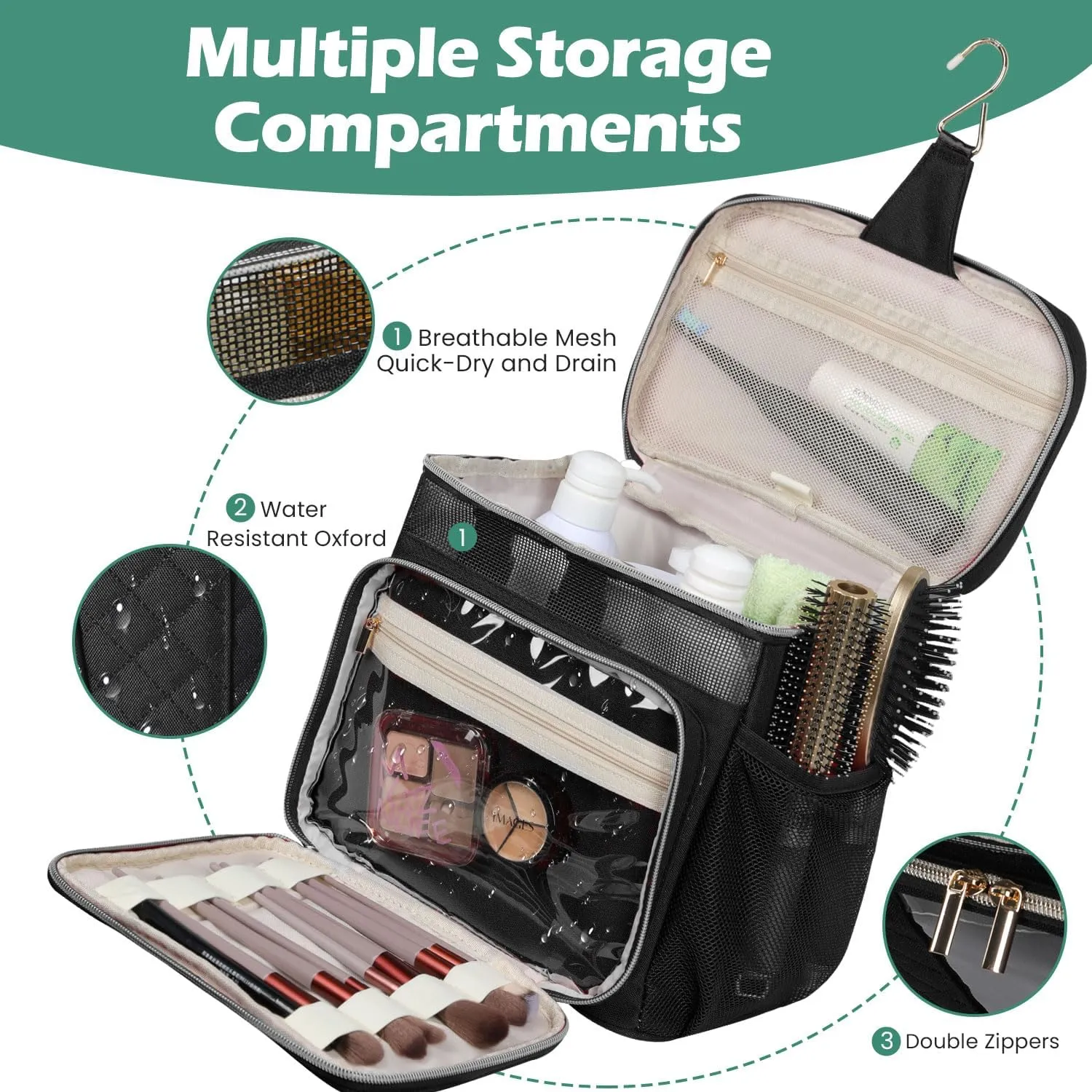 Travel Toiletry Bag for Women, Water Resistant Portable Hanging Toiletry Bags for Traveling, College Dorm, Bathroom, Gym, Shower Caddy, Organizer for Full Sized Bottles, Toiletries (Black)