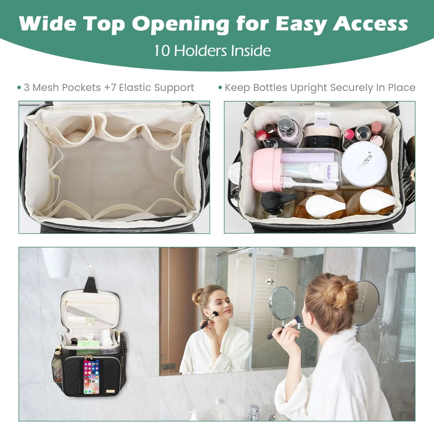 Travel Toiletry Bag for Women, Water Resistant Portable Hanging Toiletry Bags for Traveling, College Dorm, Bathroom, Gym, Shower Caddy, Organizer for Full Sized Bottles, Toiletries (Black)