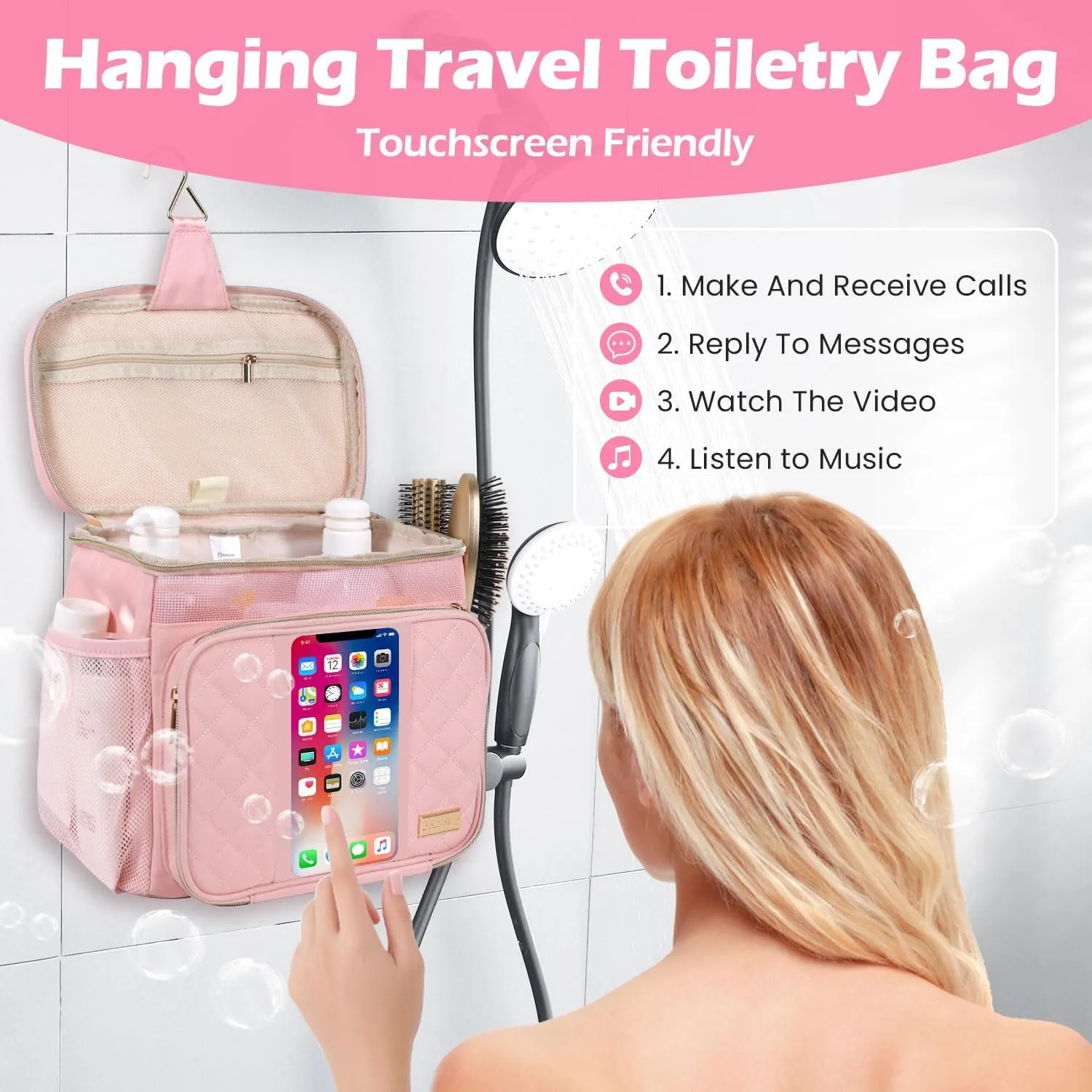 Travel Toiletry Bag for Women, Water Resistant Portable Hanging Toiletry Bags for Traveling, College Dorm, Bathroom, Gym, Shower Caddy, Organizer for Full Sized Bottles, Toiletries (Pink)