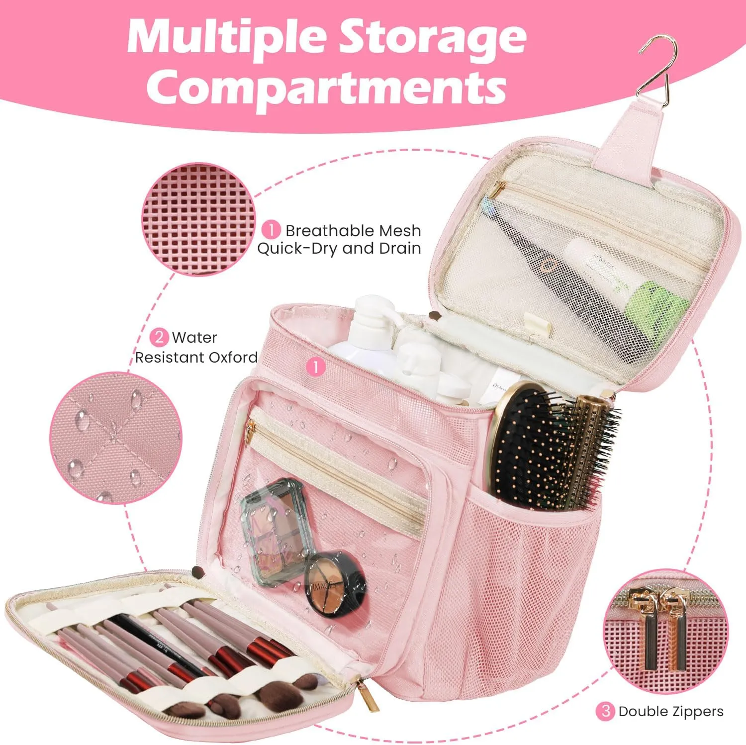 Travel Toiletry Bag for Women, Water Resistant Portable Hanging Toiletry Bags for Traveling, College Dorm, Bathroom, Gym, Shower Caddy, Organizer for Full Sized Bottles, Toiletries (Pink)