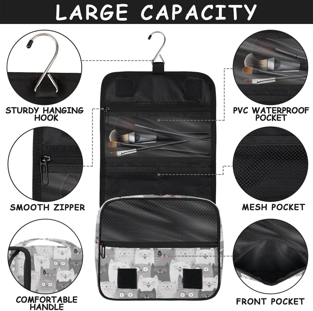 Travel Toiletry Bag for Women with Hanging Hook, Waterproof Makeup Cosmetic Bag Organizer Toiletries Bag for Travel Size Container,Accessories,Shampoo,Brushes Tools (Cute Cat)
