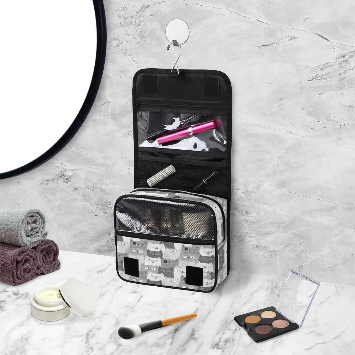 Travel Toiletry Bag for Women with Hanging Hook, Waterproof Makeup Cosmetic Bag Organizer Toiletries Bag for Travel Size Container,Accessories,Shampoo,Brushes Tools (Cute Cat)