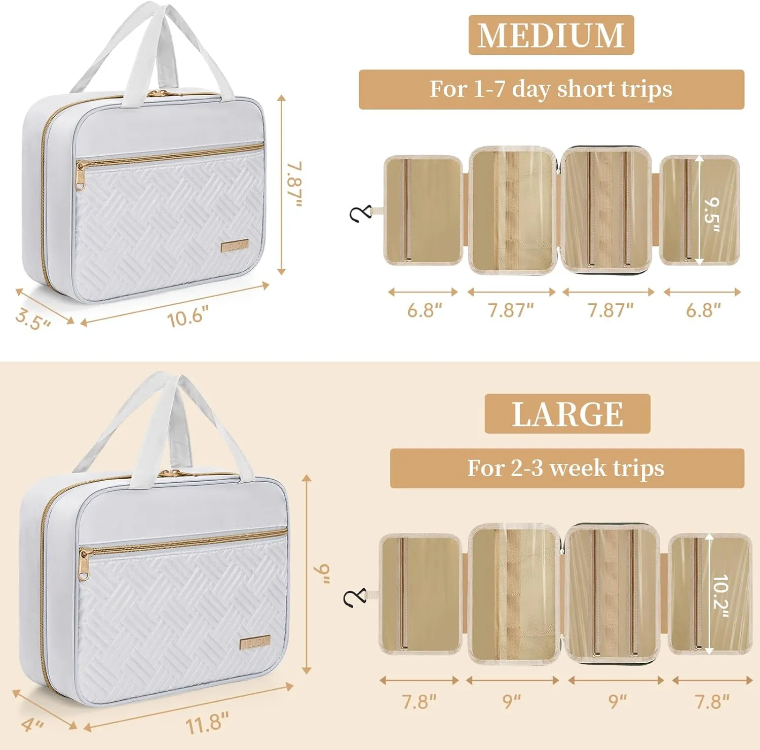 Travel Toiletry Bag - Spacious Toiletry Bag with Hanging Hook, Waterproof Makeup Bag for Women & Men, Travel Essentials (Large-White)