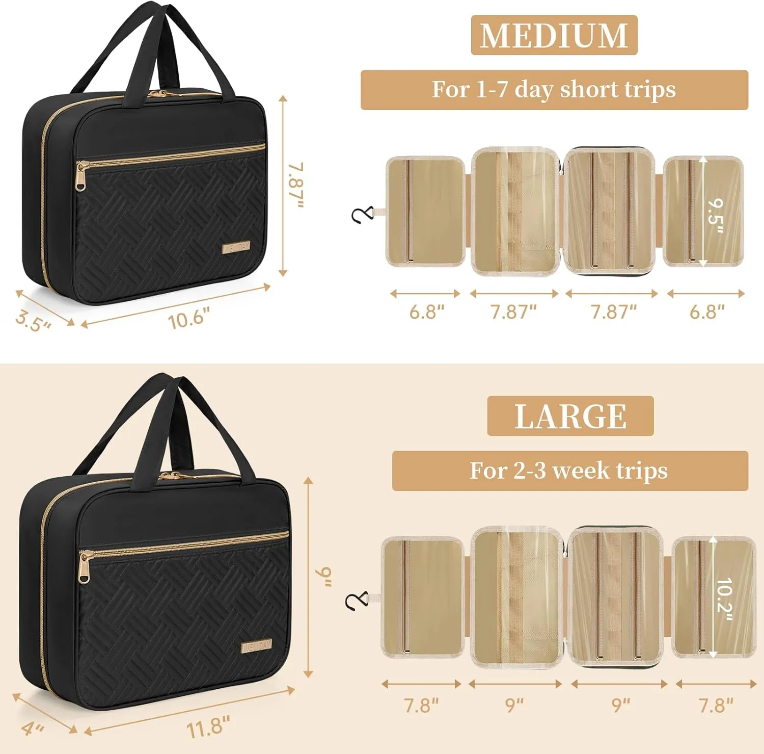 Travel Toiletry Bag - Spacious Toiletry Bag with Hanging Hook, Waterproof Makeup Bag for Women & Men, Travel Essentials (Medium-Black)